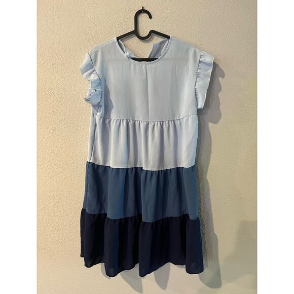 Women's Size Medium Color Block Short Sleeves Crew Neck Summer Dress Blue - Picture 1 of 2